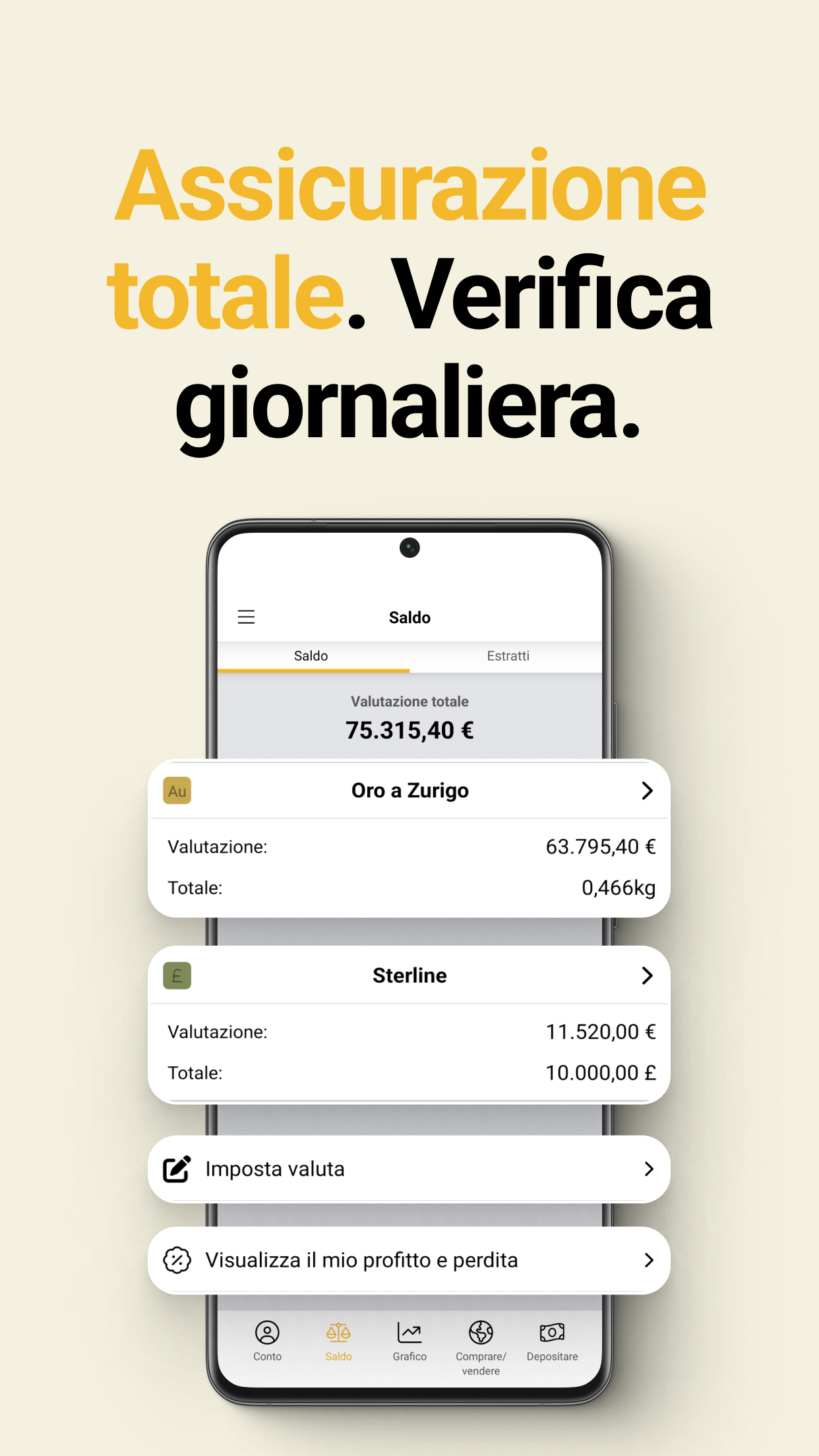 L'app di BullionVault mostra i suoi metalli preziosi detenuti e il saldo del suo conto