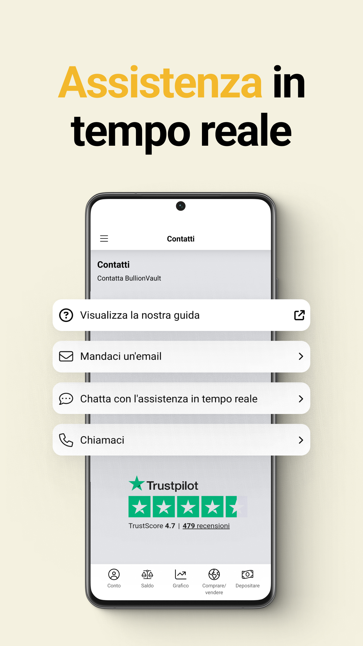 L'assistenza in tempo reale è disponibile nelle app di BullionVault.