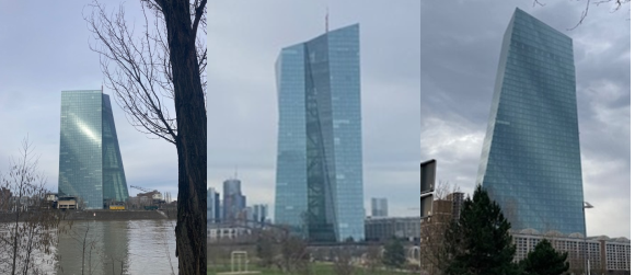 Tre vedute dell'edificio della Banca centrale europea a Francoforte, Germania